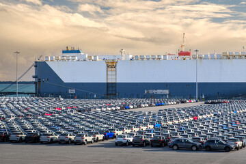 Automobile transport ship or Ro-Ro docked at the port with parked