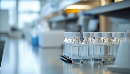 Clear Lab Bottles with Purified Water Displayed on a Bright Laboratory Bench Surrounded by Scientific Equipment in a Modern Research Facility