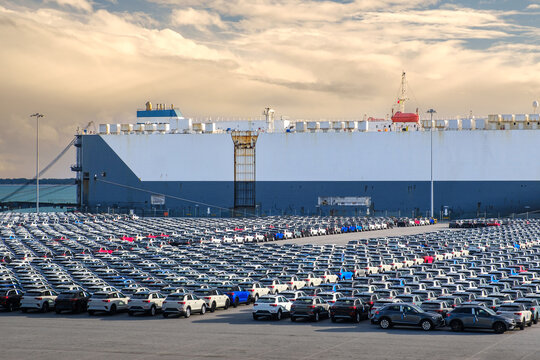 Automobile transport ship or Ro-Ro docked at the port with parked