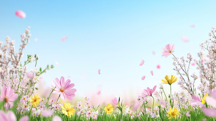 Idyllic spring meadow with blooming flowers under a bright blue sky and floating petals