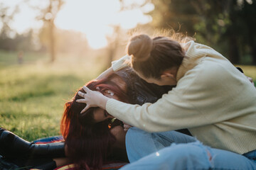 Two friends are seen joyfully wrestling in a serene green park during sunset. The image captures a...