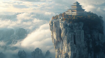 Majestic Mountain Temple Surrounded by Dramatic Clouds