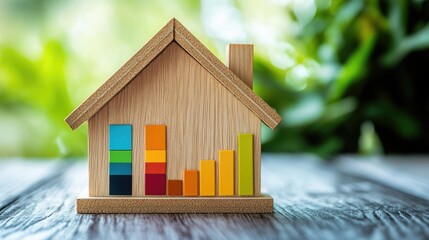 Wooden House Model Showing Increasing Property Value with Colorful Bar Graph Blocks