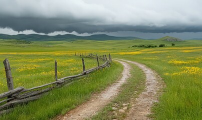 Fototapeta premium Dirt Road Through Wildflower Field Under Dramatic Storm Clouds