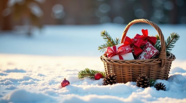 Winter Wonderland Gift Basket in Snowy Scene Festive Presents Wrapped in Red and White Ribbons, Nestled Among Pine Branches and Pine Cones in a Rustic Wicker Basket on a Soft Blanket of Snow