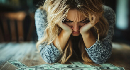 Young woman in despair leaning on table with bills due to low salary in a dimly lit room