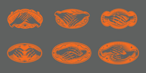 A repeating pattern of stylized handshakes depicted within an oval frame