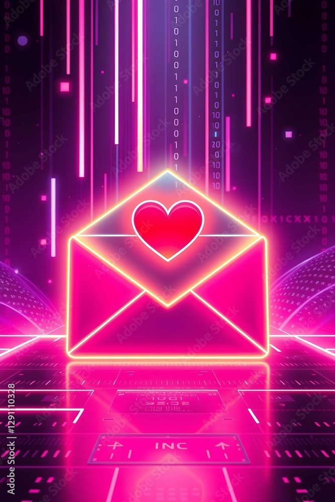 Poster A neon-outlined envelope with a red heart glows amidst a futuristic, digital landscape of binary code and neon lights, symbolizing cyber love
