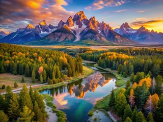 Obraz premium Aerial sunrise captures Teton National Park's Schwabachers Landing; breathtaking mountain vistas.