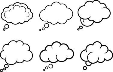 Line cloud. Simple sky outline clouds. Abstract comic cloudy different shapes. Puffy, fluffy and cumulus cloudscape icons. 