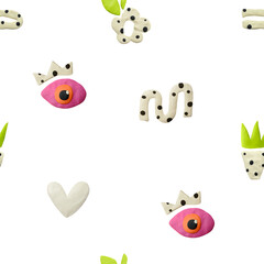 Modeling clay seamless design. Plasticine eye, crown, flower, arc, heart.