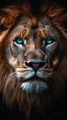 Naklejka premium Majestic lion with piercing blue eyes