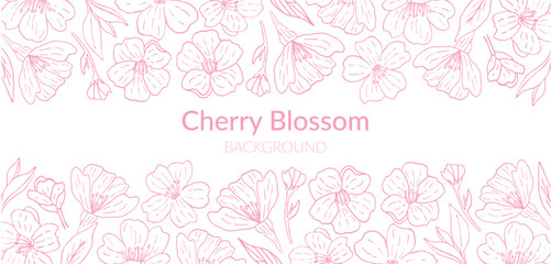 Template for an invitation banner with pink cherry blossoms. The frame is a horizontal border depicting wild roses, cherries, and sakura. A hand-drawn contour illustration in a vector.