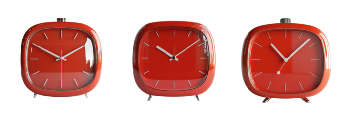 A Set of Bold Red Alarm Clock Illustrations Emphasizing Sleek Design and Precision Engineering, Isolated on transparent Background
