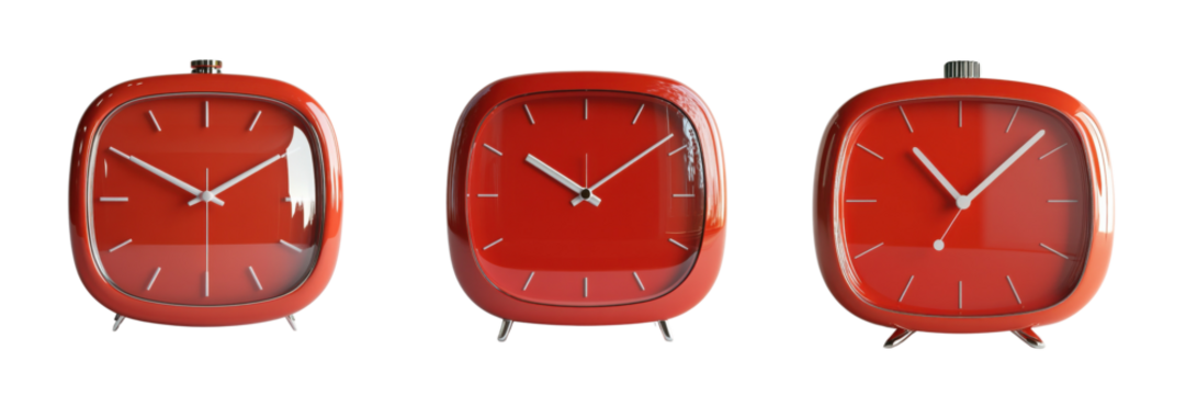 A Set of Bold Red Alarm Clock Illustrations Emphasizing Sleek Design and Precision Engineering, Isolated on transparent Background - Powered by Adobe