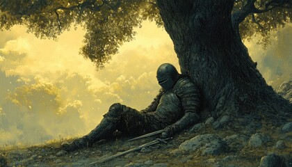 A knight rests beneath a large tree in the soft sunlight