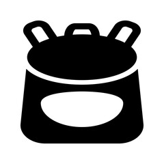 Solid icon of a backpack with shoulder straps and front pocket, representing travel, school, or outdoor activities. Commonly used in education, tourism, or adventure-related themes.