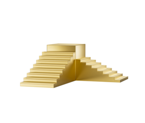Golden staircase with two sets of symmetrical stairs leading to a central platform. 3D Illustration.