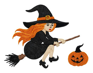 Embroidered Halloween Witch Illustration with Pumpkin and Broomstick