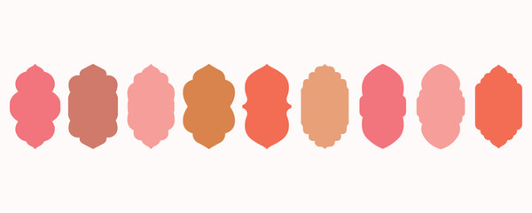 Flat vector collection of mosque gates, doors, lanterns, and windows in boho color. Oriental-style Islamic arches, labels, and frame templates. Inspired by simple Muslim frame shapes.