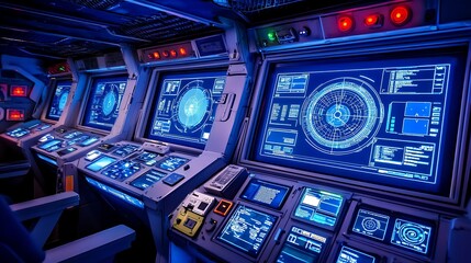 Obraz premium Futuristic Control Room with Digital Displays and High-Tech Console