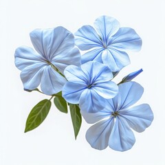 Light Blue Flowers with Green Leaves on White Background