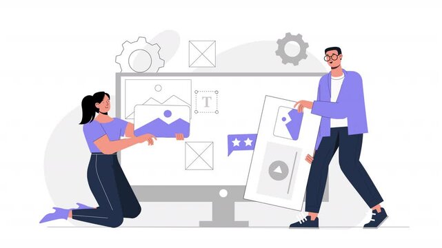 Flat vector scene animation illustrating the UI/UX design process, with characters sketching wireframes, testing designs, and refining interfaces to create intuitive user experiences.
