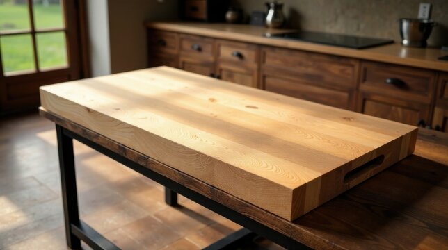 Large light wood butcher block cutting board rests on dark wood kitchen island