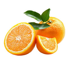 Fresh oranges with green leaves displayed on a transparent background, showcasing their vibrant color and juicy segments, oranges isolated on transparent background