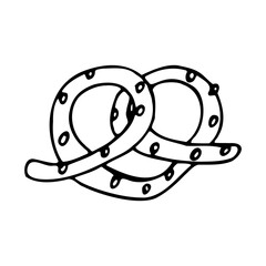 The festive pretzel is a symbol of the local cuisine. Handmade icon in the style of doodle, baking, bakery product.
