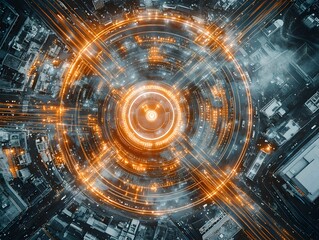 Fototapeta premium Aerial view of a vibrant cityscape with illuminated roads and circular light patterns at night