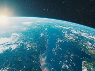 Aerial view of Earth showcasing diverse landscapes, oceans, and sunlight in the background