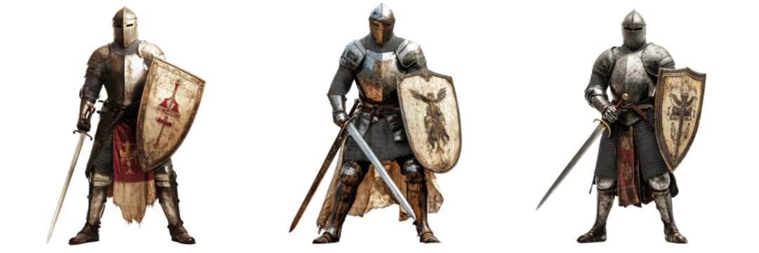 A Set of Epic Medieval Knight Visuals Merging Legendary Armor with Intense Valor and Artistic Finesse, Isolated on transparent Background