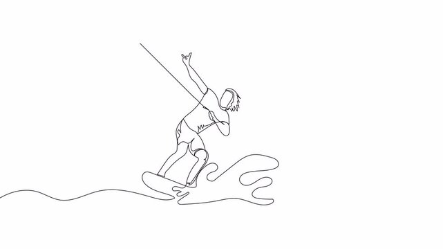 Hand-Drawn One-Line Animation of a Young Man Kitesurfing, Minimalist Line Art, Continuous Outline Drawing, Concept of Adventure and Freedom