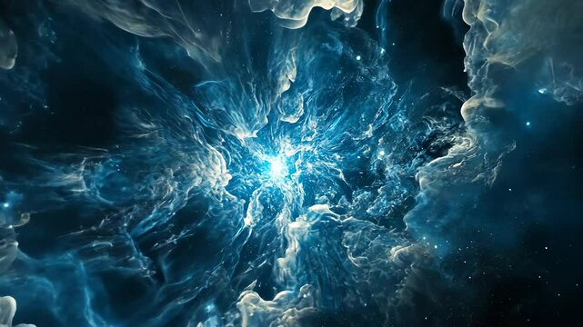 Cosmic explosion of blue and white nebulous clouds in deep space during an expansive stellar event