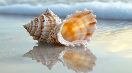 Obraz premium Elegant Sea Shell on Shore with Gentle Waves Lapping