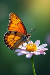 Obraz premium Close up of butterfly resting on delicate flower with soft focus background, flora, wildlife