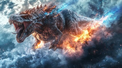 Fiery Ice Dragon Soaring Through Stormy Sky