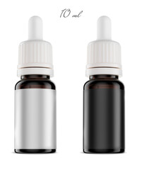 A 10 ml droper bottle of dark brown UV glass for essential oils isolated on white background. 3D render for branding and mock up