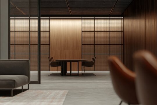 Modern, minimalist dining area with wooden partitions