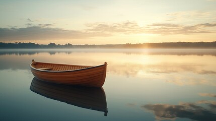 Naklejka premium Serene Wooden Boat at Dawn on Calm Lake Surface
