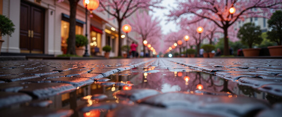 Obraz premium Dreamy reflection in puddle on cobblestone street, spring magic
