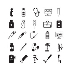 medical icons set vector elements design including stethoscope syringe medicine bottle hospital and pharmacy symbols