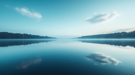 Misty Lake Landscape with Calm Water and Cloud Reflections