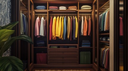 A well-organized wooden closet filled with colorful clothes, showcasing a neat arrangement and a touch of greenery