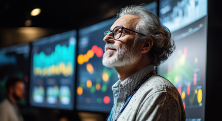 Senior man with gray hair and glasses observes data visualizations on large screens, engaged in analysis within a business setting