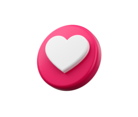 3d Pink button with a white heart symbol, representing a "like" or "love" icon, 3d illustration