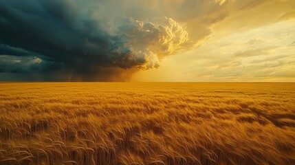 Dramatic Skies Over Golden Wheat Field at Sunset