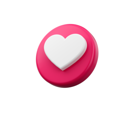 3d Pink button with a white heart symbol, representing a "like" or "love" icon, 3d illustration