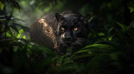 Fototapeta premium A black panther emerges from the dense jungle shadows. Wildlife
